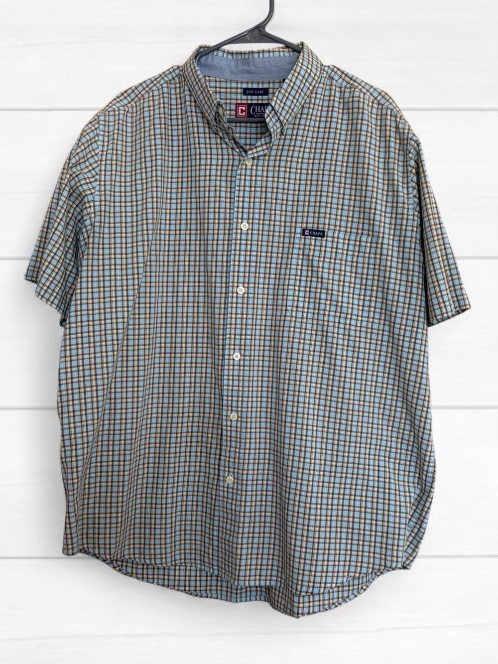 Chaps Classic Men’s Short Sleeve Button-Down Plaid Shirt - Blue/Brown XL
